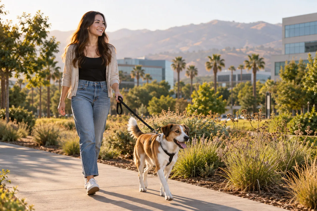 Owner walking a dog outdoors, with palms and hills in the background